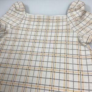 Ann Taylor Women Small White Tan Plaid Square Neck Puff Sleeve Top Excellent